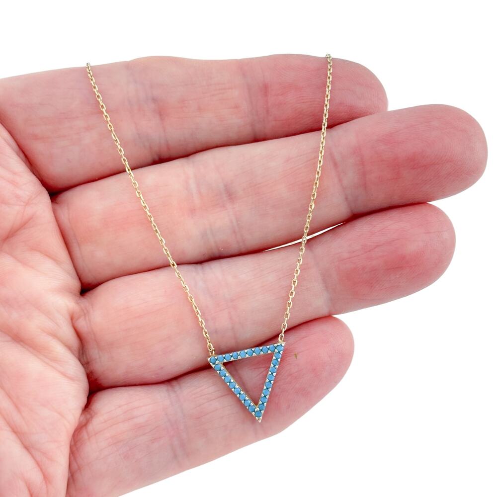 Vintage Sterling Silver 925 Turquoise Glass Triangle Pendant Necklace 15.5-17.5"